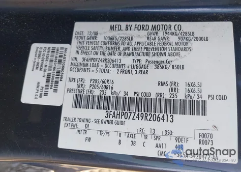 2009 Ford Fusion Se from USA, damaged, VIN 3FAHP07Z49R206413
